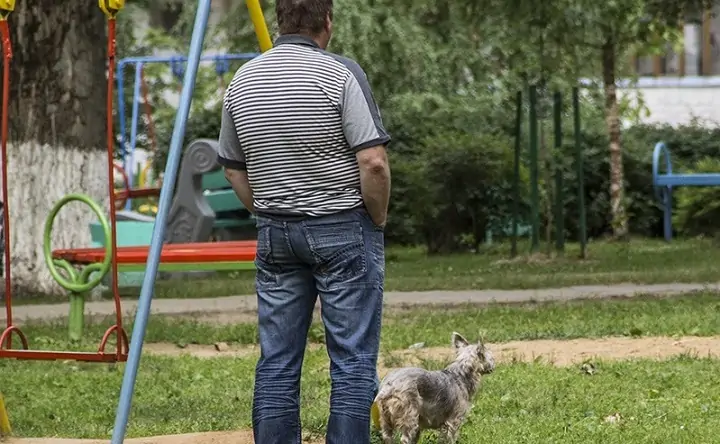 Мужчина выгуливает собаку на детской площадке. Фото odinski.ru.