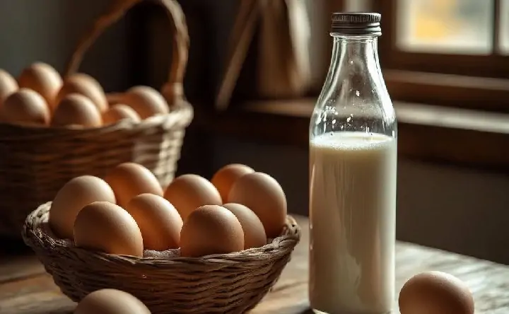 Яйца и молоко. Изображение сгенерировано нейросетью "Алиса"