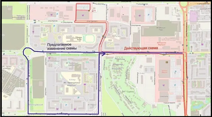 Синим цветом отмечена новая схема маршрута