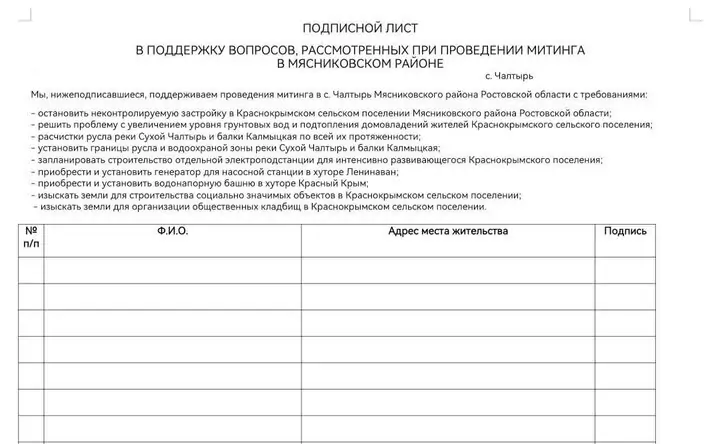 Лист для сбора подписей жителей Краснокрымского и Чалтырского поселений. Фото Дзадура Тызыхяна
