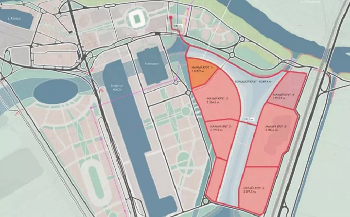 а этой картинке обозначены границы лесопарка и схема организации велодорожки: красной линией показано, откуда велодорожка начнётся