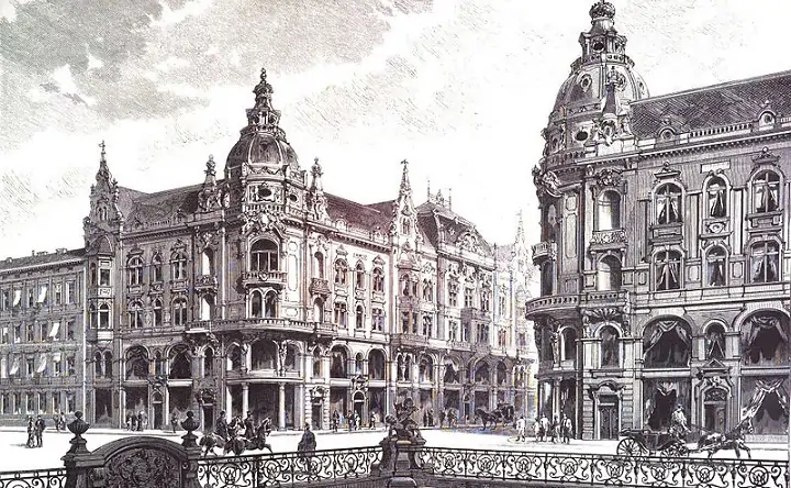 Здание на углу Кайзер-Вильгельм-штрассе и Бургштрассе в Берлине (слева). Фото de.m.wikipedia.org из Illustrirte Zeitung 1885г.